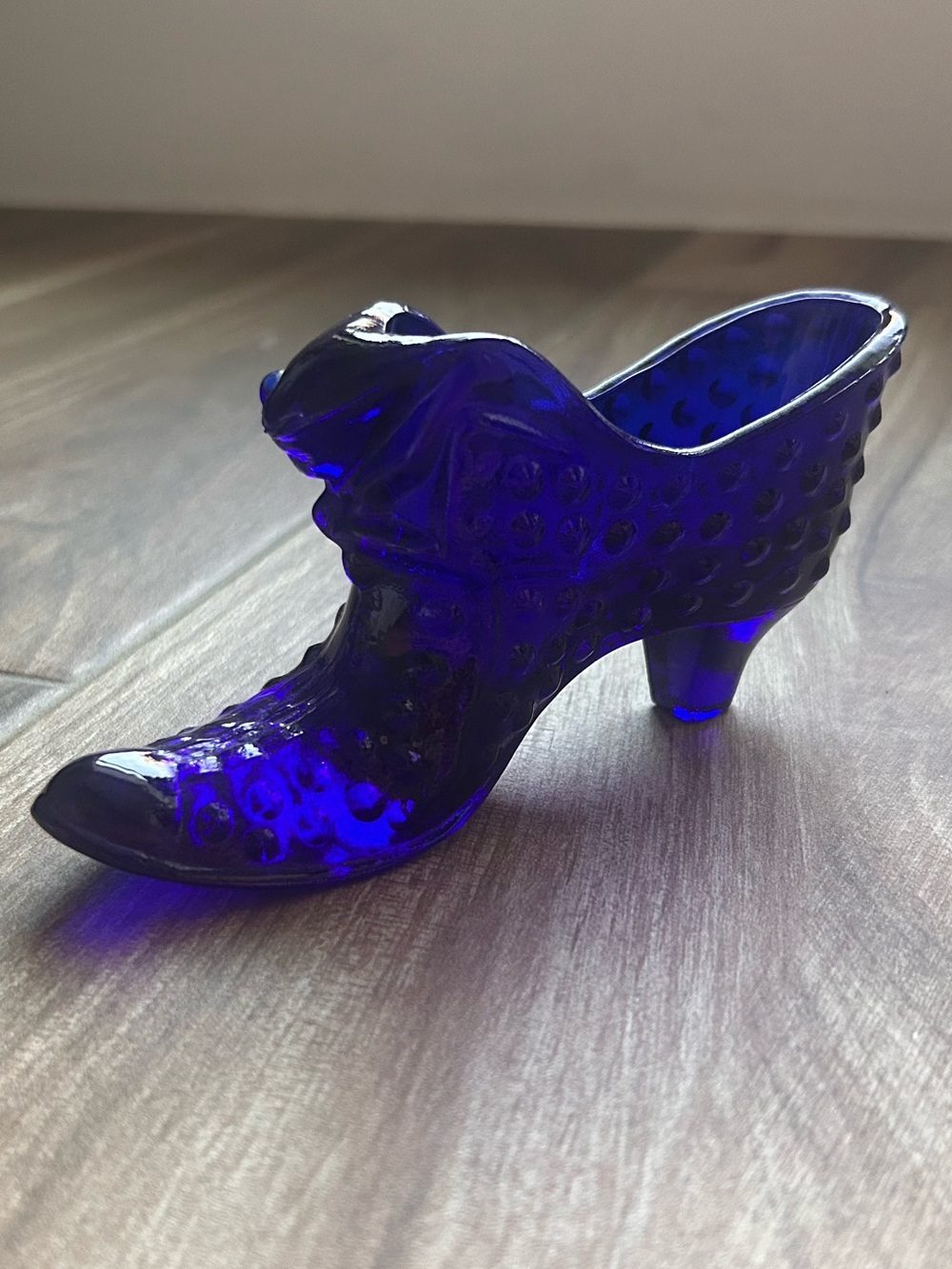 Antique Fenton Art Glass Cobalt Blue Hobnail Cat Head Slipper Shoe